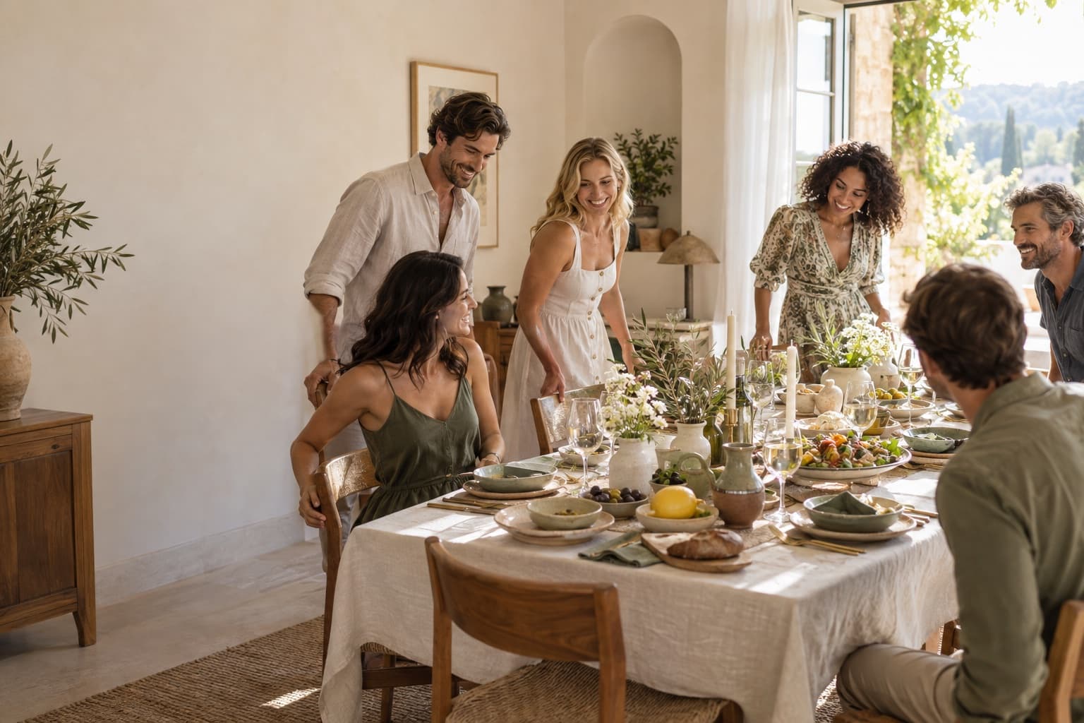 Friends gathering around a beautifully set indoor dining table in soft daylight
